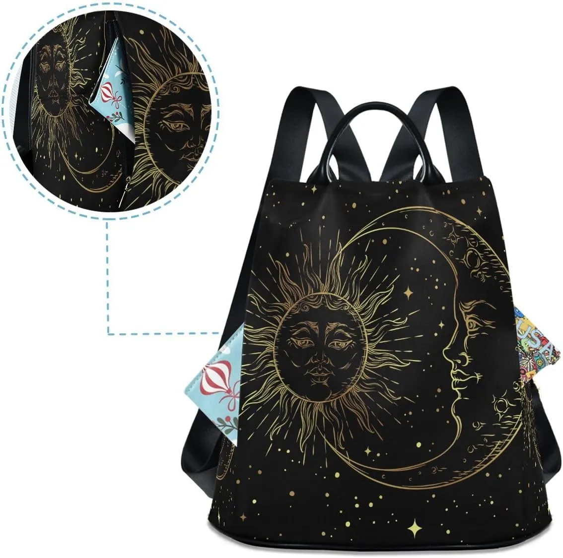 Golden Sun Moon Stars Boho Anti-Theft Backpack Purse for Women Fashion Bag Travel School Back Pack Rucksack Shoulder Bag