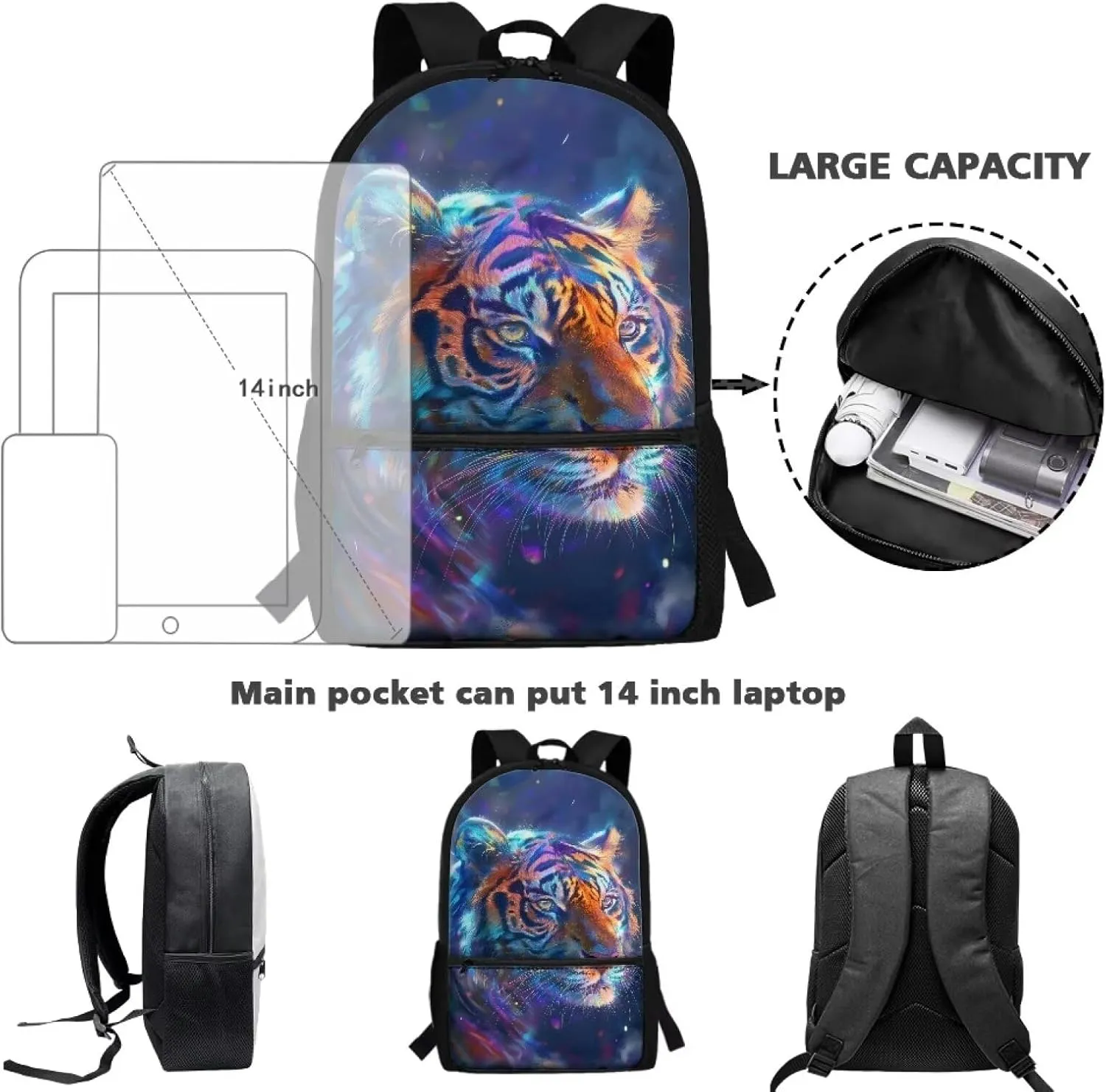 Gradient Tiger Print Backpack for Girls 6-12 Cute Backpack Waterproof Portable Bookbag with Handle Straps Casual Canvas Travel Daypack
