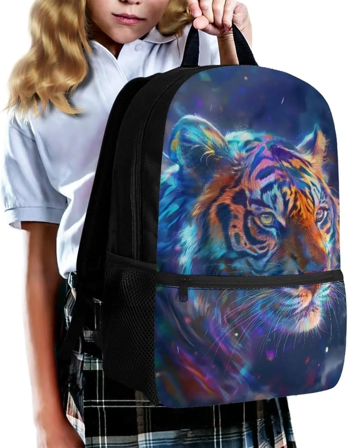Gradient Tiger Print Backpack for Girls 6-12 Cute Backpack Waterproof Portable Bookbag with Handle Straps Casual Canvas Travel Daypack