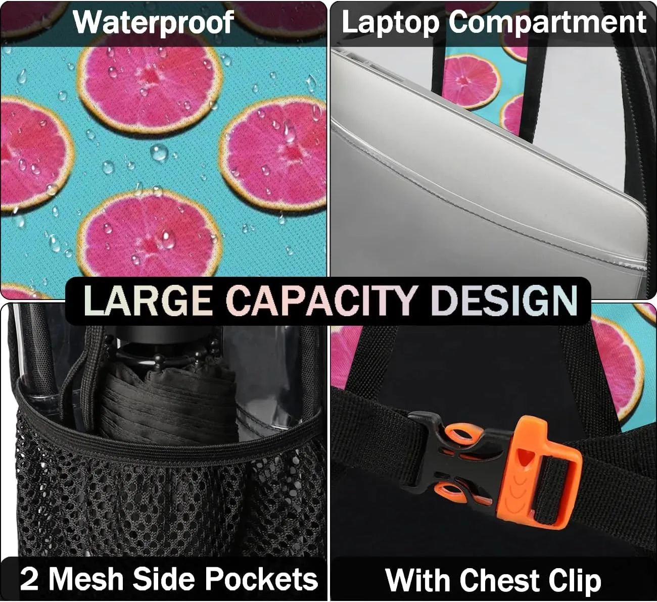 Grapefruit Pink Flesh Clear Backpack Stadium Approved Heavy Duty Transparent Backpack for Women Men Large PVC See Through Bag for Sports Event Concert Festival Work Travel