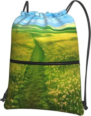 Grassland Paths Thick Material Outdoor Leisure Zipper Drawstring Backpack Water-Repellent Large Capacity Adjustable Shoulder Strap For Sports