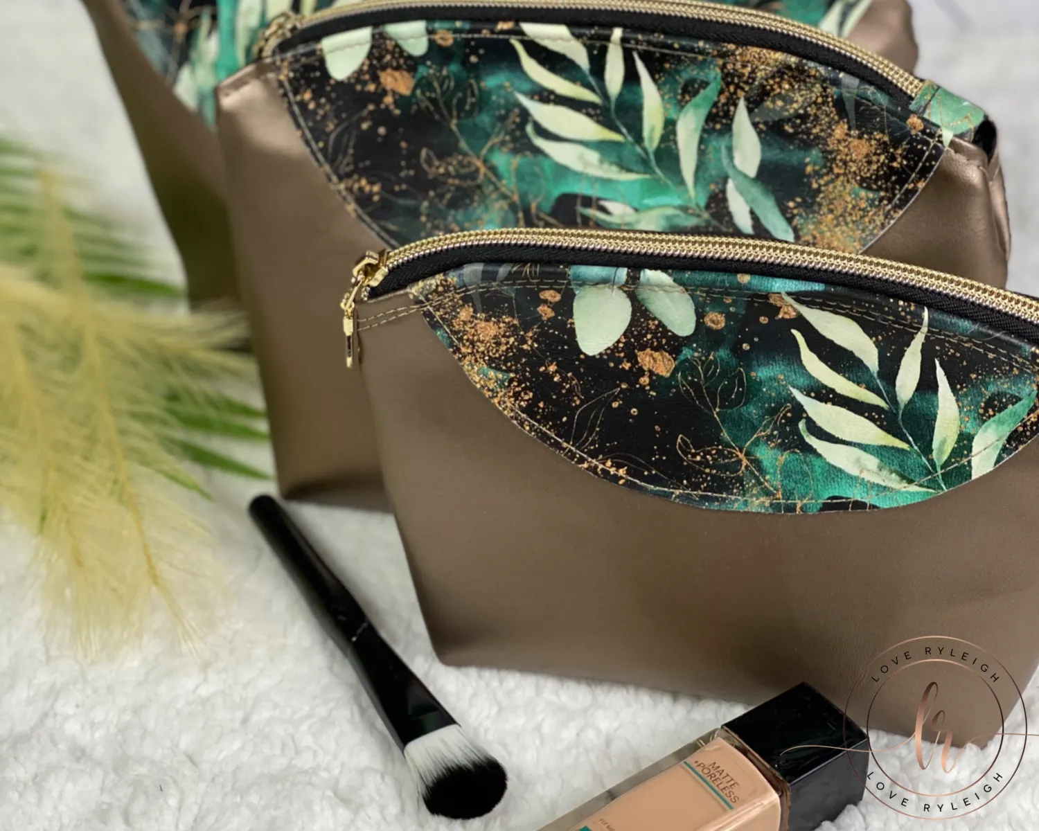 Green & Bronze Floral Cosmetic/Poppy Pouch LARGE SIZE