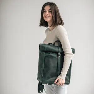 Green leather roll-top backpack