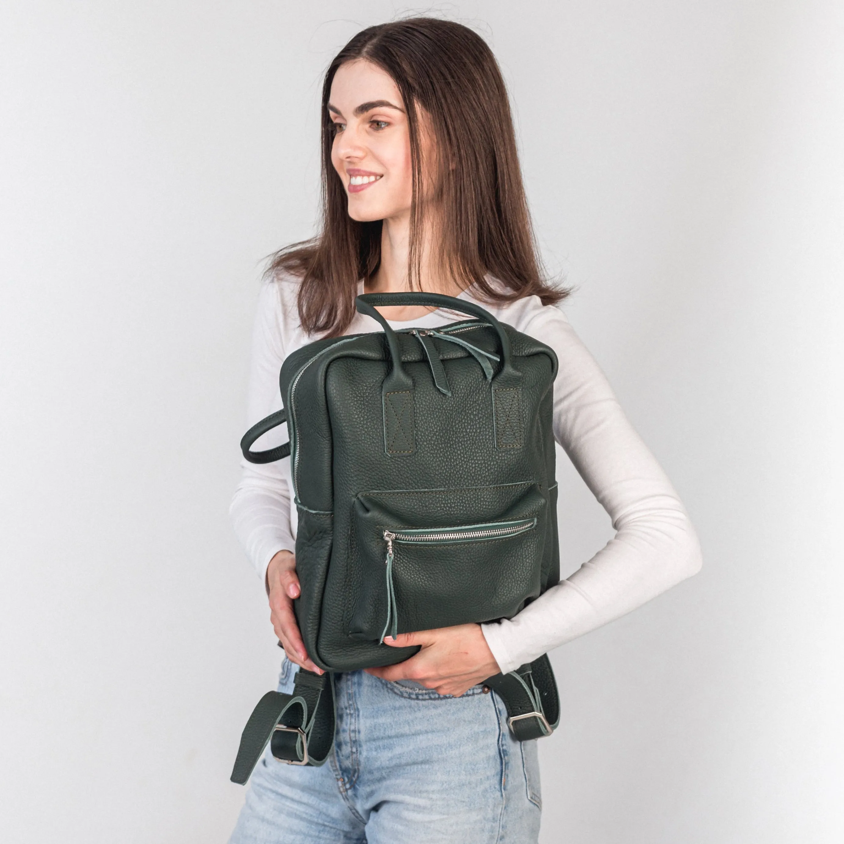 Green pebbled  leather city backpack
