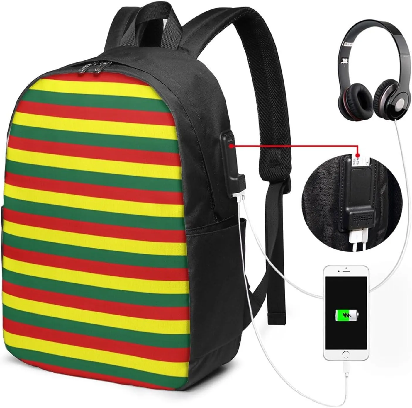 Grenada Flag Stripes Travel Backpack 17-Inch Laptop Backpacks Business Rucksack Casual Sport Daypack with USB Charging Port Carry-on Bag for Camping Biking