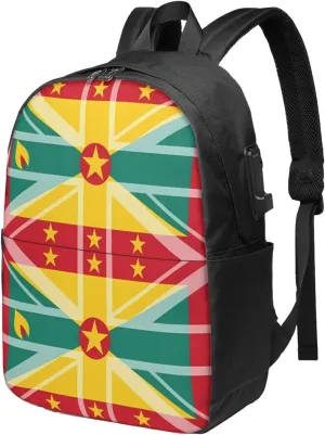 Grenada UK Flag Travel Backpack 17-Inch Laptop Backpacks Business Rucksack Casual Sport Daypack with USB Charging Port Carry-on Bag for Camping Biking