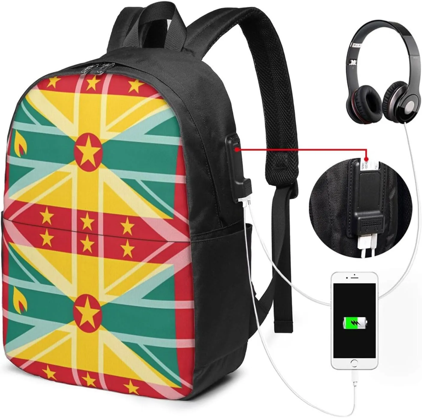 Grenada UK Flag Travel Backpack 17-Inch Laptop Backpacks Business Rucksack Casual Sport Daypack with USB Charging Port Carry-on Bag for Camping Biking