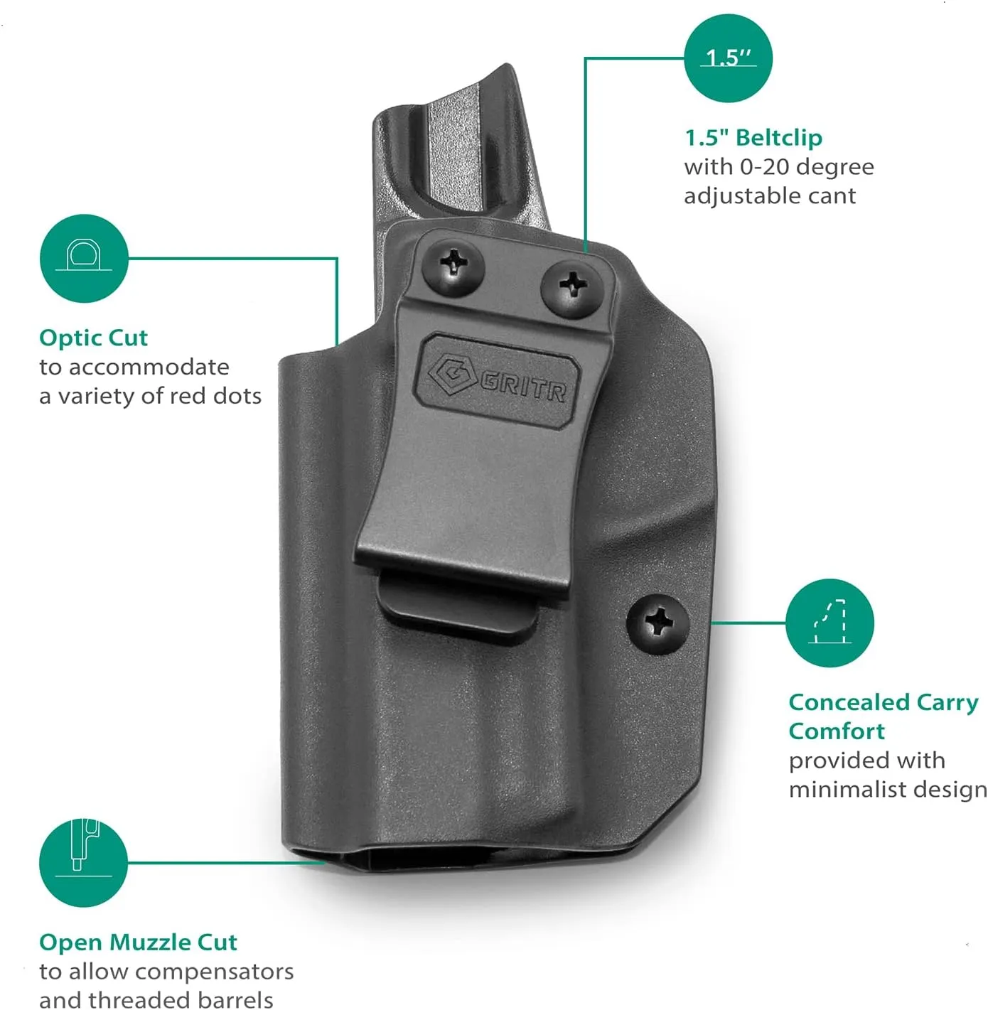 GRITR IWB Kydex Right/Left Hand Gun Holster Compatible with Smith & Wesson M&P Shield EZ 9/380 with 1.5" Belt Clip, Open Bottom, Optic Cut, Adjustable Retention