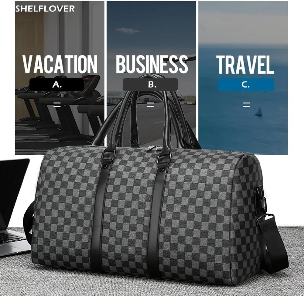 Gym Bag for Women & Men, Travel Duffel Bag Water Resistant Carry On Weekender Backpack for Airplane, 35L Classic Design, Black Square Grid
