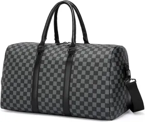 Gym Bag for Women & Men, Travel Duffel Bag Water Resistant Carry On Weekender Backpack for Airplane, 35L Classic Design, Black Square Grid