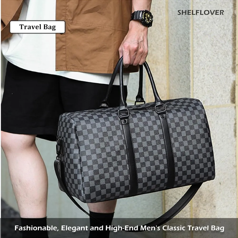 Gym Bag for Women & Men, Travel Duffel Bag Water Resistant Carry On Weekender Backpack for Airplane, 35L Classic Design, Black Square Grid