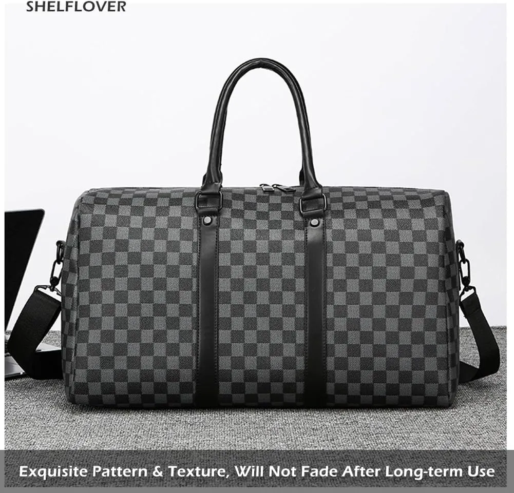 Gym Bag for Women & Men, Travel Duffel Bag Water Resistant Carry On Weekender Backpack for Airplane, 35L Classic Design, Black Square Grid