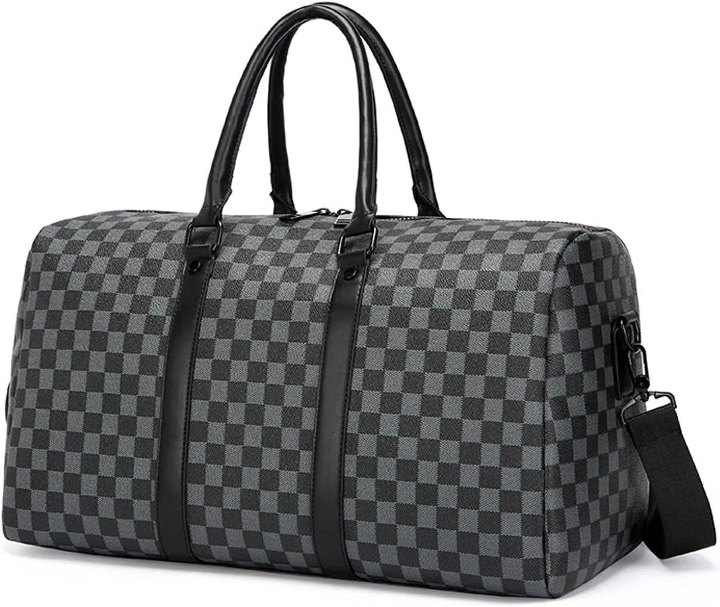 Gym Bag for Women & Men, Travel Duffel Bag Water Resistant Carry On Weekender Backpack for Airplane, 35L Classic Design, Black Square Grid