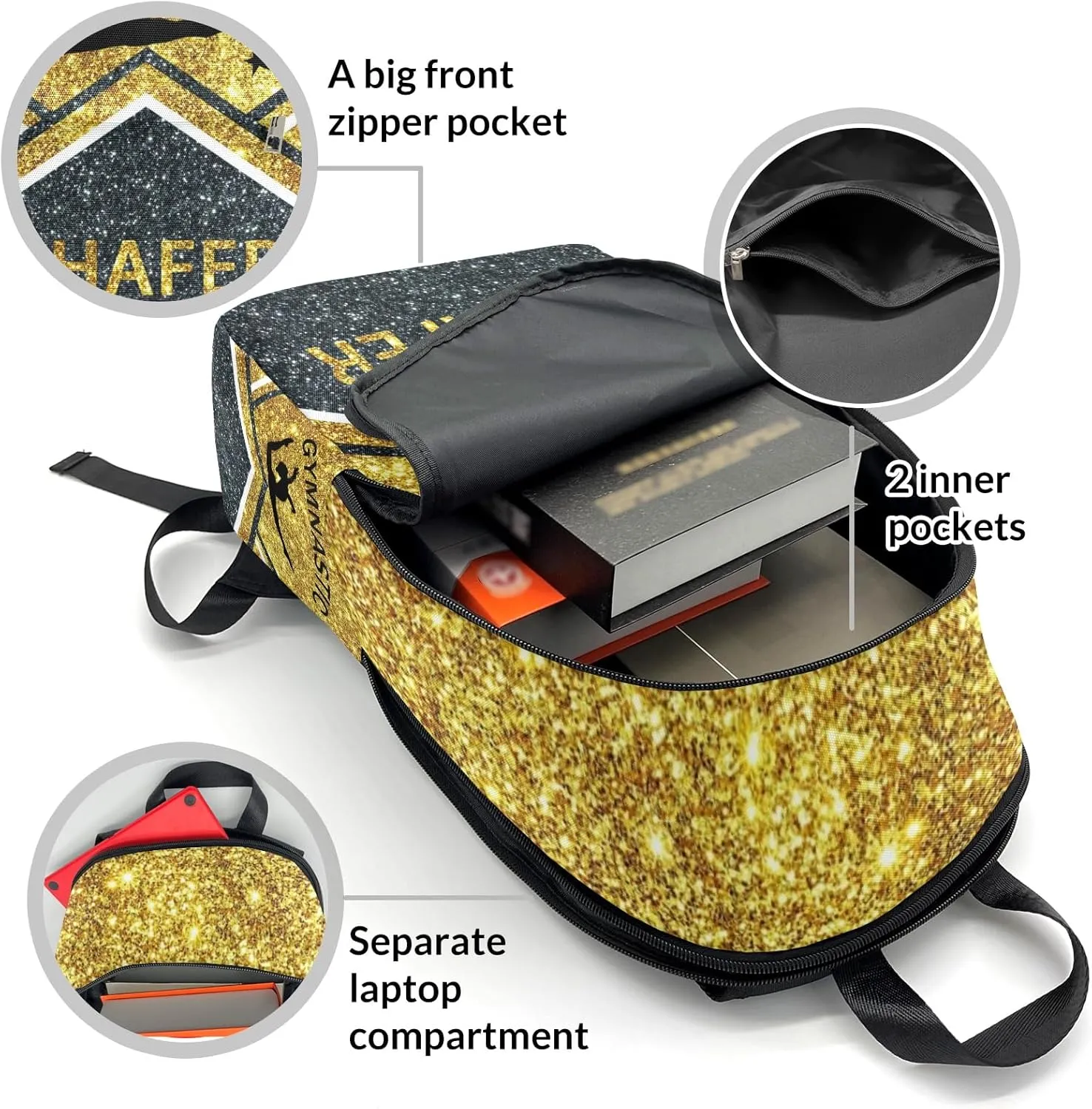 Gymnastic Athlete Gold Glitter Personalized Backpack for Teen Custom Travel Backpack for Boys Girs Bookbag Casual Bag Name Gift, Design 11, EU5566SS