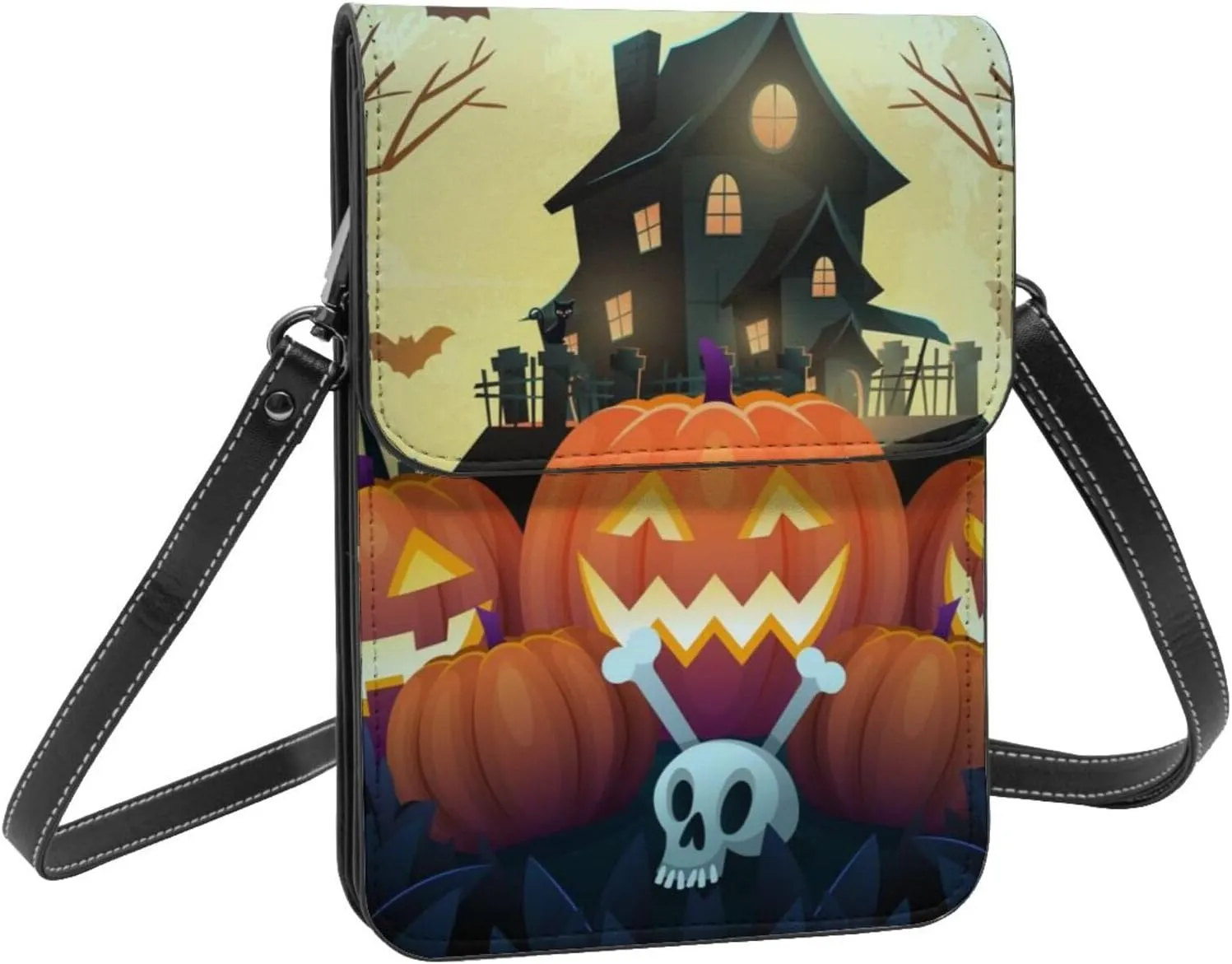 Halloween Witch Riding A Broom Cell Phone Purse Small Crossbody Bag For Women Men Wallet Purses With Adjustable Strap