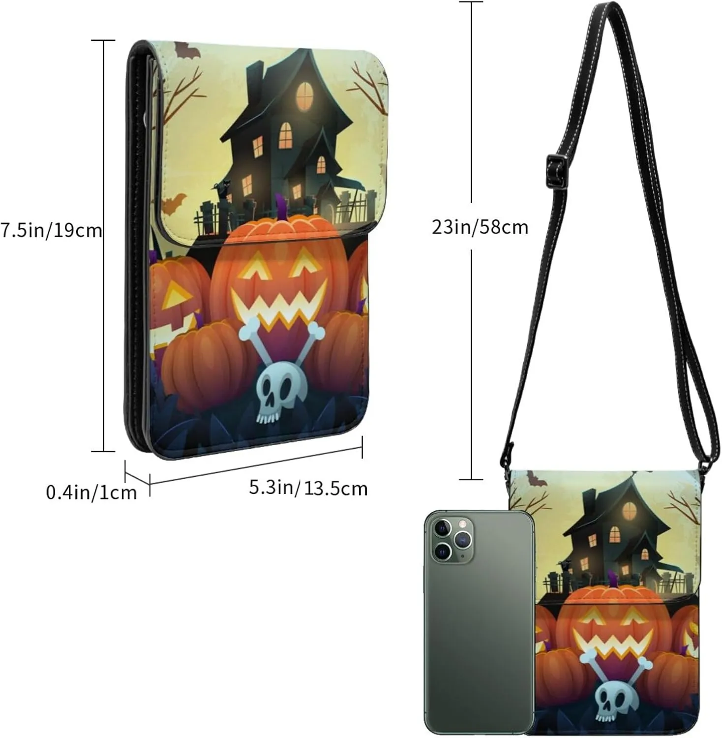 Halloween Witch Riding A Broom Cell Phone Purse Small Crossbody Bag For Women Men Wallet Purses With Adjustable Strap