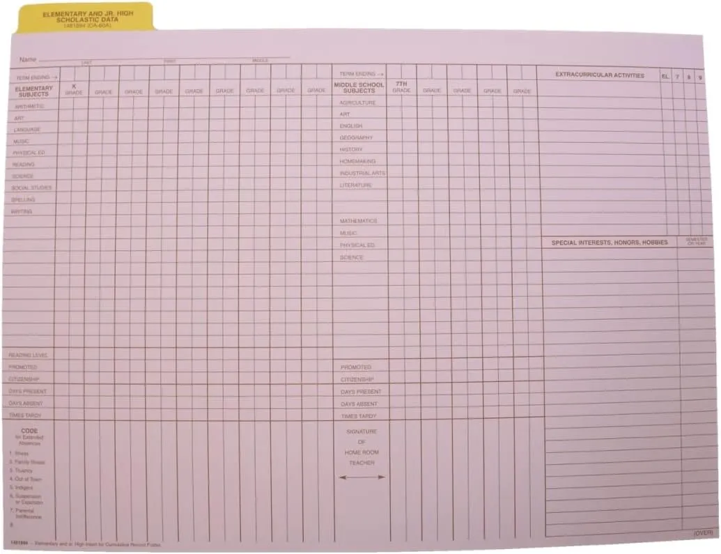 Hammond & Stephens Data Insert for Cumulative Record Folder, 9 x 11-3/4 Inches, Set of 25