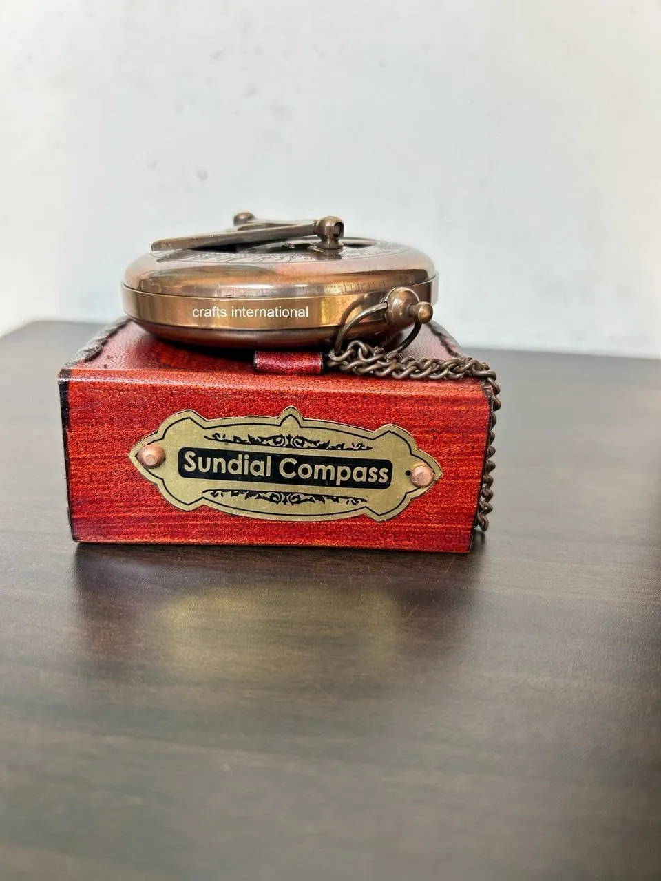 Handcrafted Antique Style Sundial Compass Brass Pocket Navigational Tool Chain Compass with Leather Case for Camping & Hiking Use
