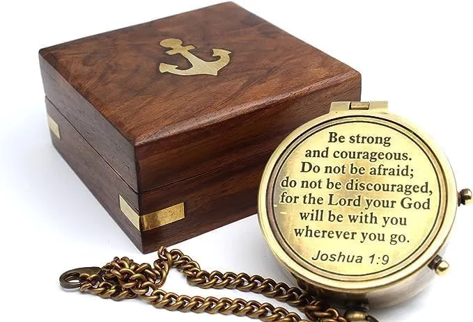 Handicrafted Sundial Compass with Wooden & Leather Case Pocket Compass Vintage Solid Brass Map Reader Maritime Compass for Travelling Camping & Navigation Tool (5" Antique Brass Chain Compass)