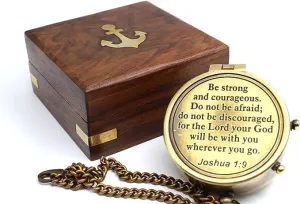 Handicrafted Sundial Compass with Wooden & Leather Case Pocket Compass Vintage Solid Brass Map Reader Maritime Compass for Travelling Camping & Navigation Tool (5" Antique Brass Chain Compass)