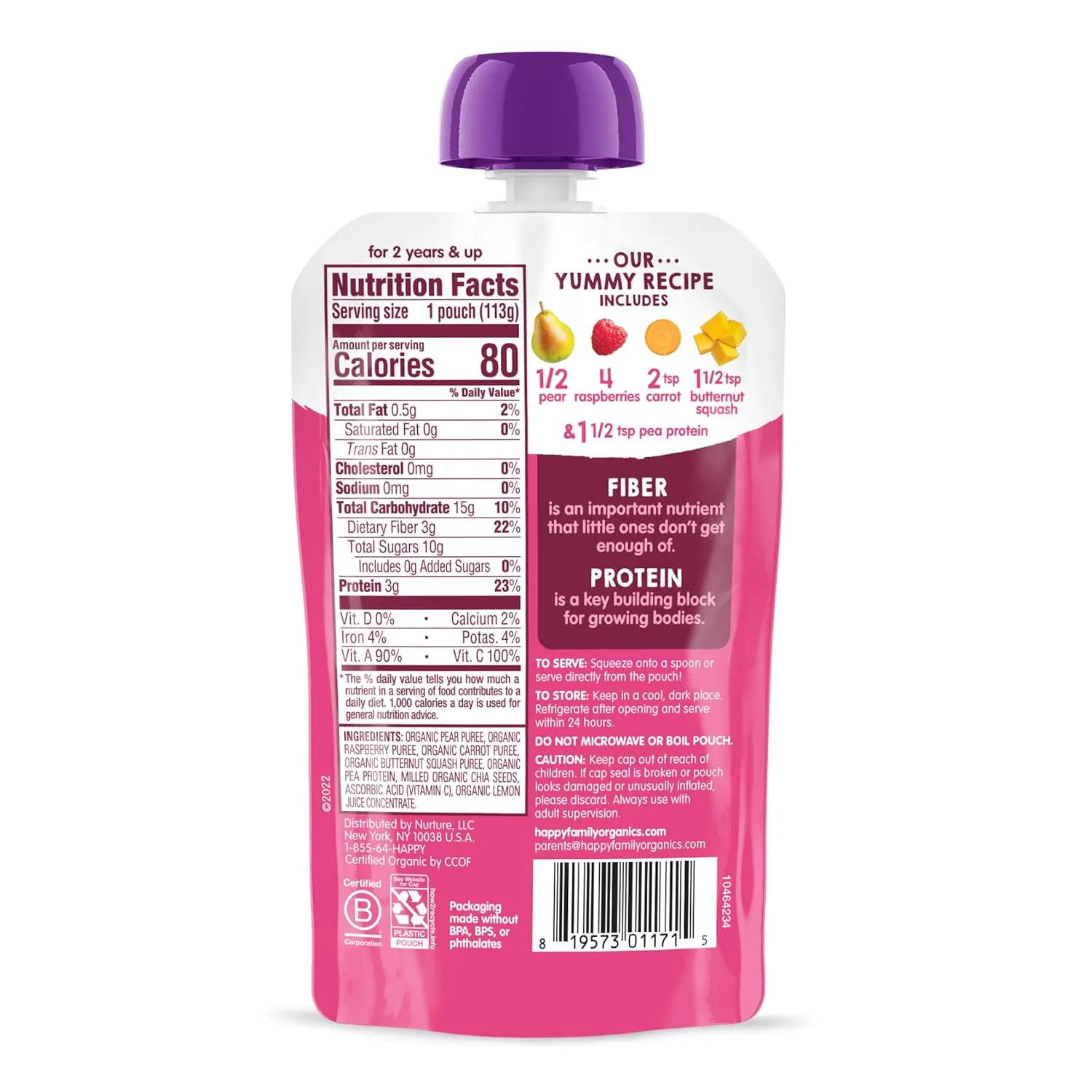 Happy Tot Organics Stage 4 Baby Food Pouches, Gluten Free, Vegan Snack, Fiber & Protein Fruit & Veggie Puree, Pears, Raspberries, Butternut Squash & Carrots, 4 Ounce(Pack of 16)