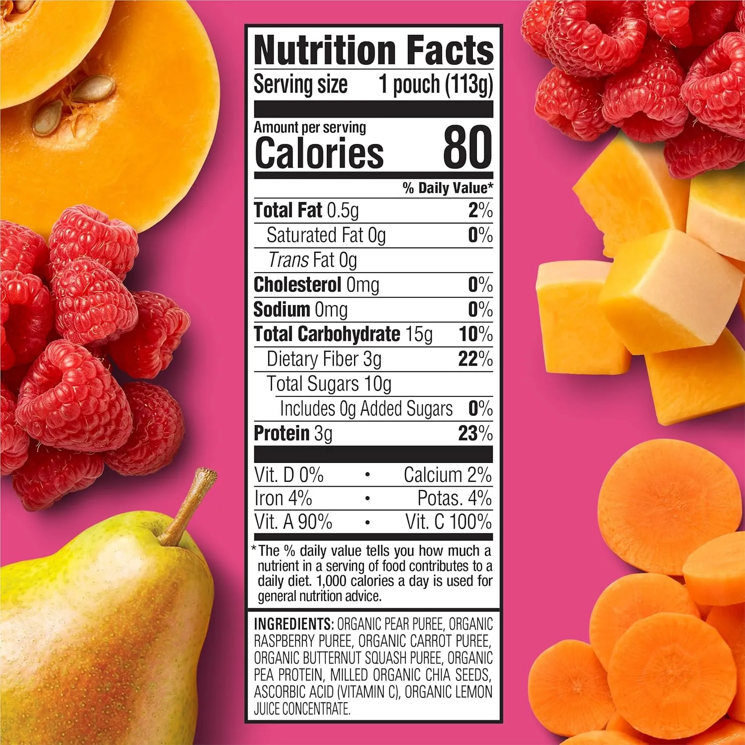 Happy Tot Organics Stage 4 Baby Food Pouches, Gluten Free, Vegan Snack, Fiber & Protein Fruit & Veggie Puree, Pears, Raspberries, Butternut Squash & Carrots, 4 Ounce(Pack of 16)