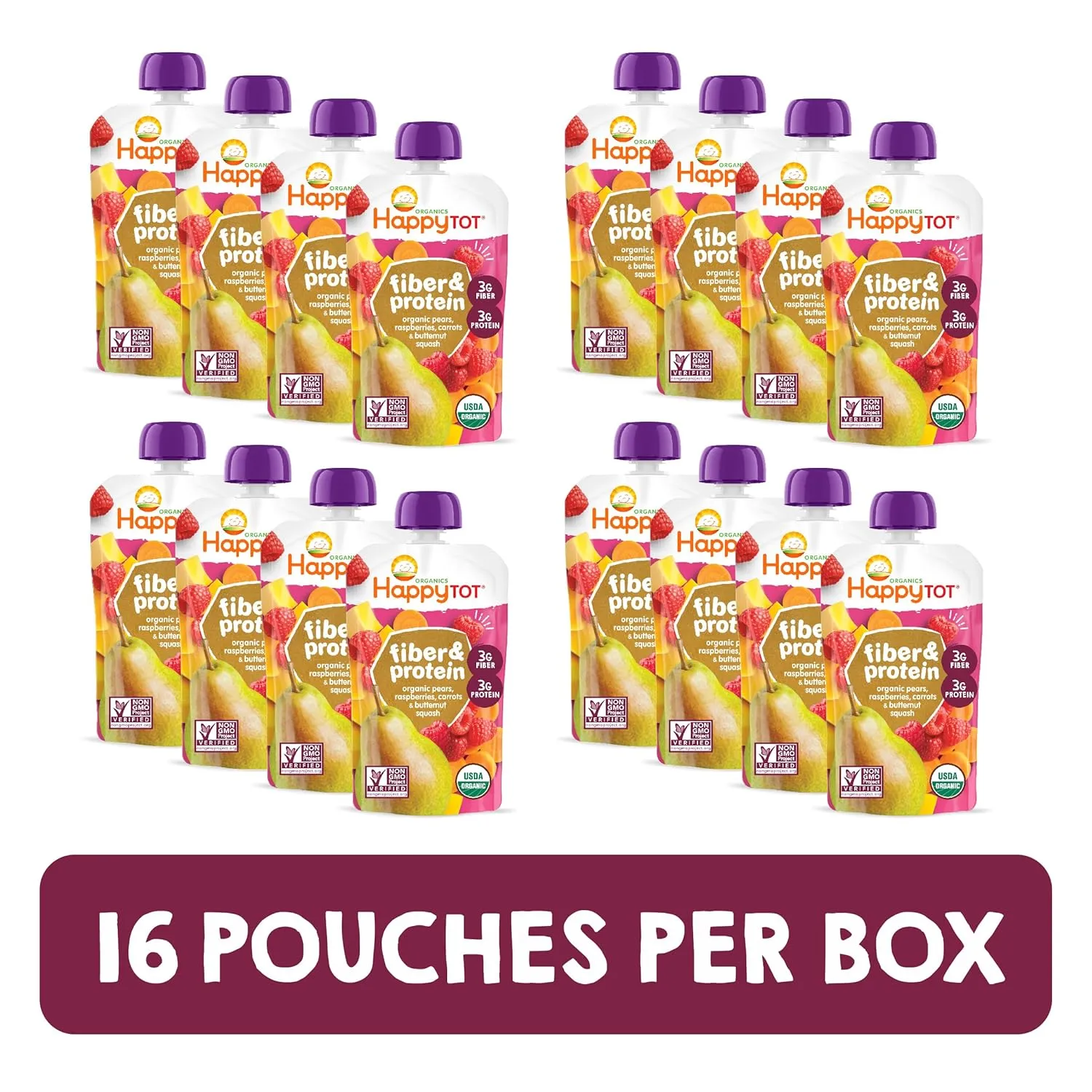 Happy Tot Organics Stage 4 Baby Food Pouches, Gluten Free, Vegan Snack, Fiber & Protein Fruit & Veggie Puree, Pears, Raspberries, Butternut Squash & Carrots, 4 Ounce(Pack of 16)