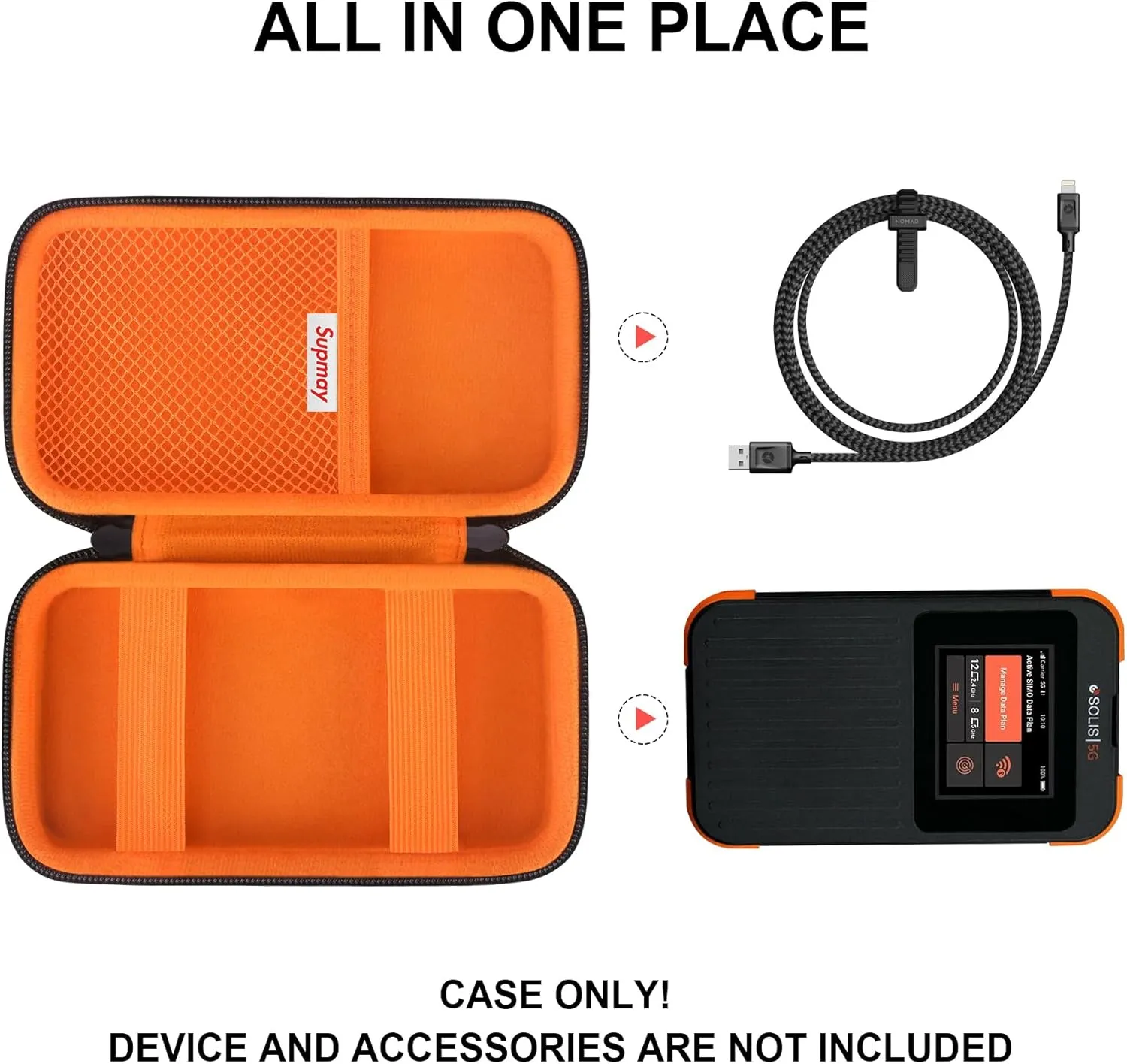 Hard Carrying Case for Solis 5G WiFi Mobile Hotspot for Travel, Local and International Coverage Router, Protective Cases Bag with Mesh Bag for USB Cable and Accessories, Black Orange
