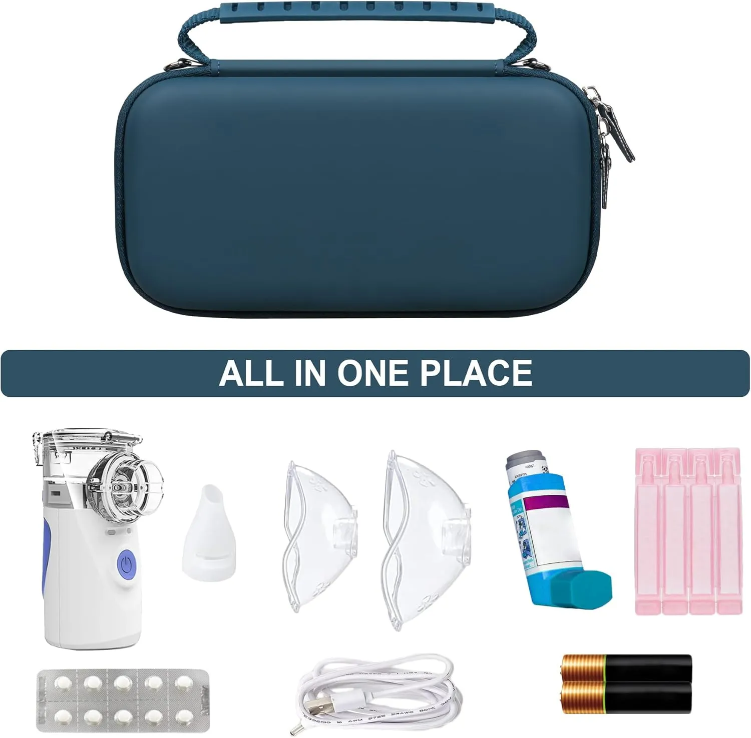 Hard Case for Portable Nebulizer Handheld Mesh Inhaler Spacer Nebulizers Machine for Adults & Kids Travel Household Use, Protective Holder Bag with Mesh Pocket for USB Cable, Battery, Blue