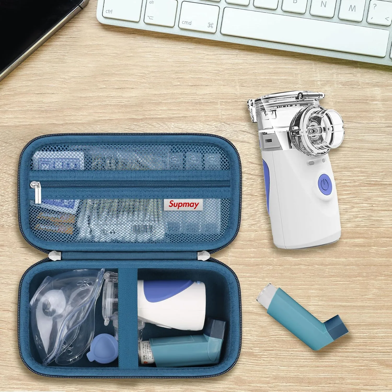 Hard Case for Portable Nebulizer Handheld Mesh Inhaler Spacer Nebulizers Machine for Adults & Kids Travel Household Use, Protective Holder Bag with Mesh Pocket for USB Cable, Battery, Blue