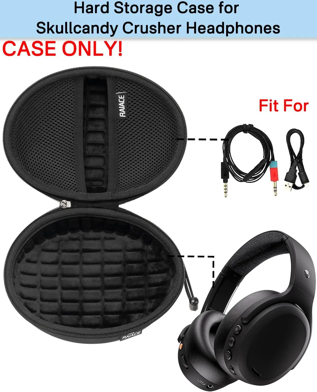 Hard Travel Carrying Case Compatible with Skullcandy Crusher Over-Ear Headphones. (Case Only, Not Include The Device)-Black(Black Lining)