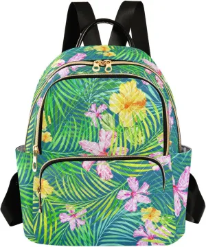 Hawaiian Tropical Palm Branches Hibiscus Flowers Mini Backpack for Women, Travel Backpack Purse for Ladies Fashion Shoulder Bag Daypack Travel Bag