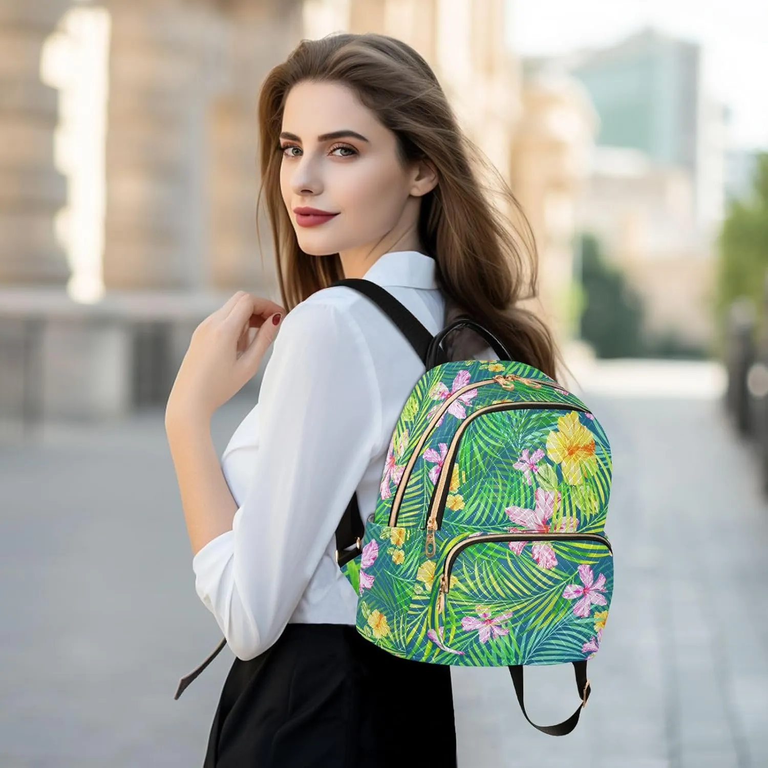 Hawaiian Tropical Palm Branches Hibiscus Flowers Mini Backpack for Women, Travel Backpack Purse for Ladies Fashion Shoulder Bag Daypack Travel Bag