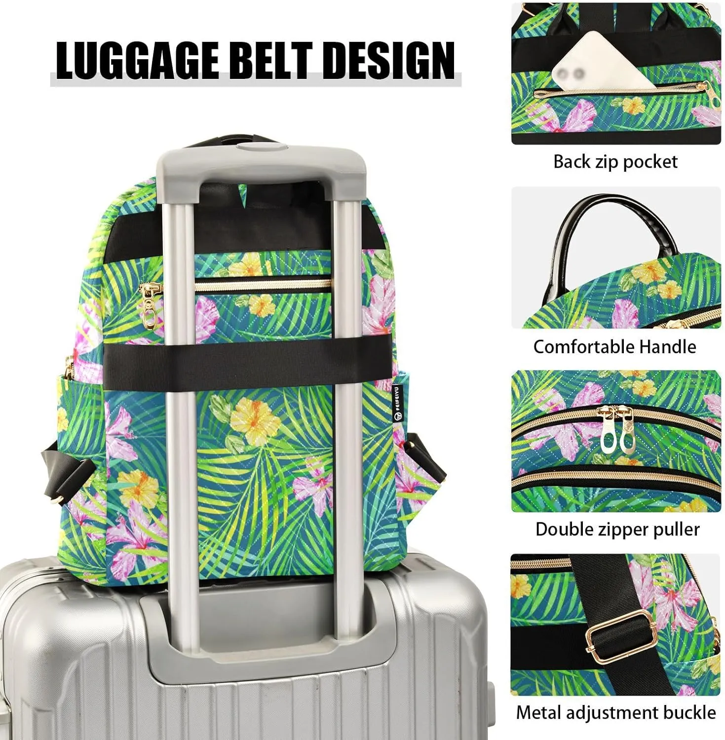 Hawaiian Tropical Palm Branches Hibiscus Flowers Mini Backpack for Women, Travel Backpack Purse for Ladies Fashion Shoulder Bag Daypack Travel Bag