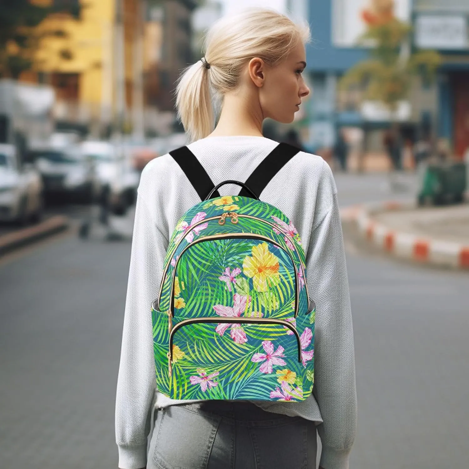 Hawaiian Tropical Palm Branches Hibiscus Flowers Mini Backpack for Women, Travel Backpack Purse for Ladies Fashion Shoulder Bag Daypack Travel Bag