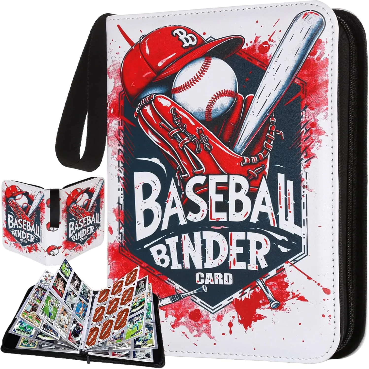 HBK Baseball Card Binder 9 Pocket, Baseball Card Holder Album with 50 Sleeves, PU Leather 3 Ring Trading Cards Binder for Sports Cards, Gift for Kids Collectors (900 Pocket)