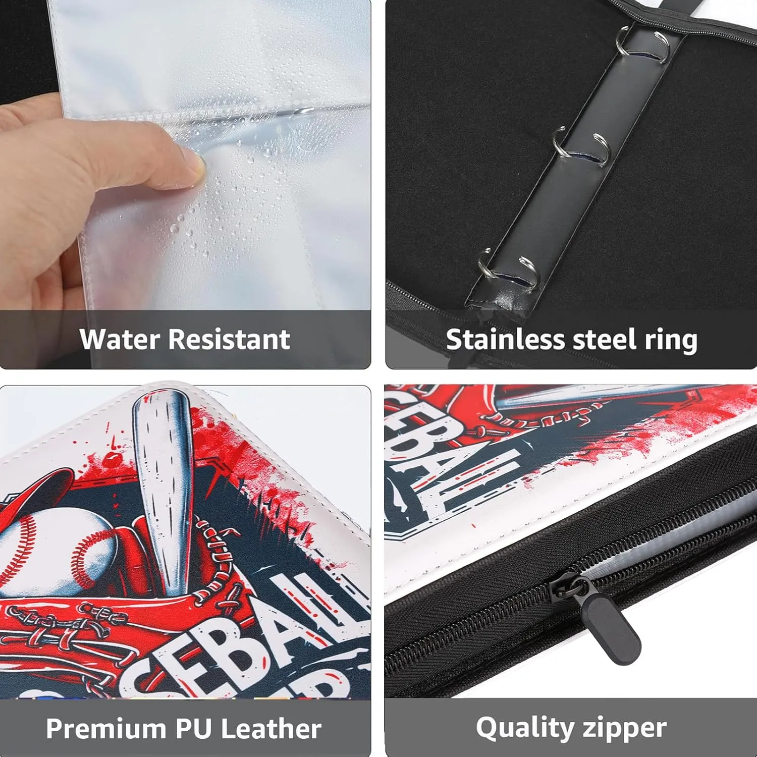 HBK Baseball Card Binder 9 Pocket, Baseball Card Holder Album with 50 Sleeves, PU Leather 3 Ring Trading Cards Binder for Sports Cards, Gift for Kids Collectors (900 Pocket)