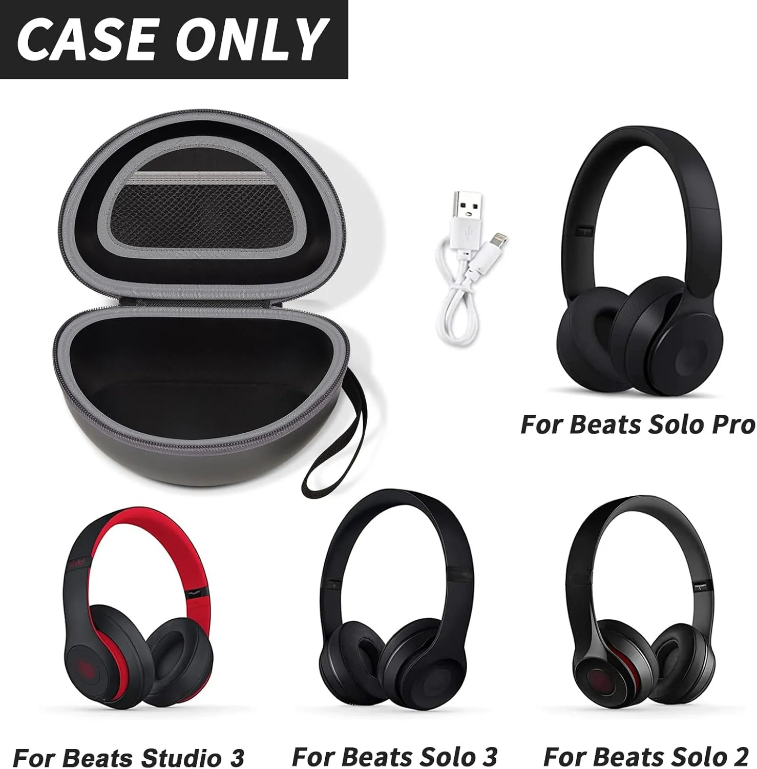 Headphone Case Compatible with Beats Solo 4/ for Beats Studio Pro/for Beats Solo3/ for Beats Studio3/ for Beats Solo2/ for Beats Solo Pro Bluetooth On-Ear Headphones Headset - Black  Grey Zipper