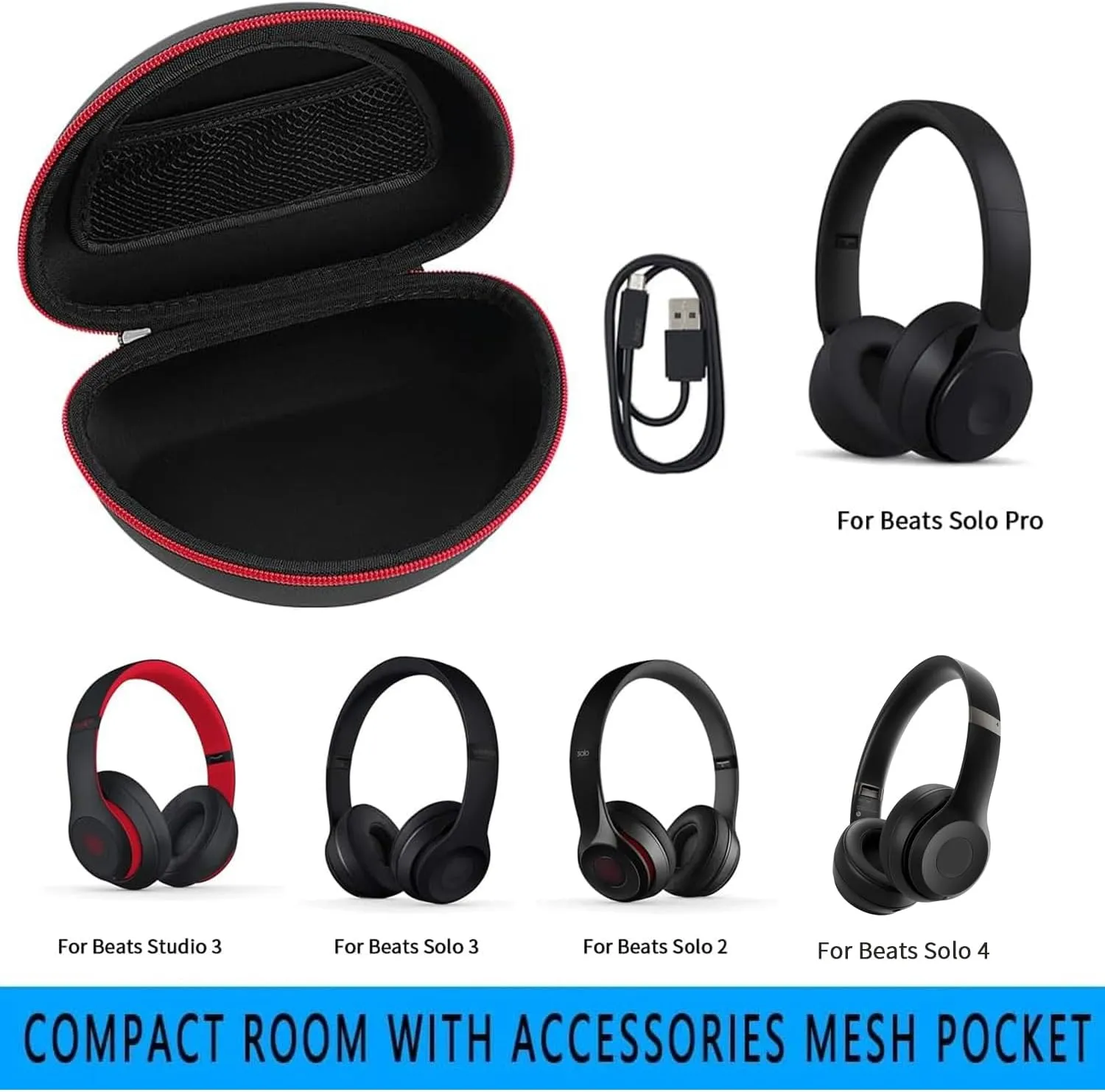 Headphone Case Compatible with Beats Solo 4, Studio Pro, Solo3, Studio3, Solo2, Solo Pro - Protective Storage Box with Waterproof Zipper for Bluetooth Headphones - Black