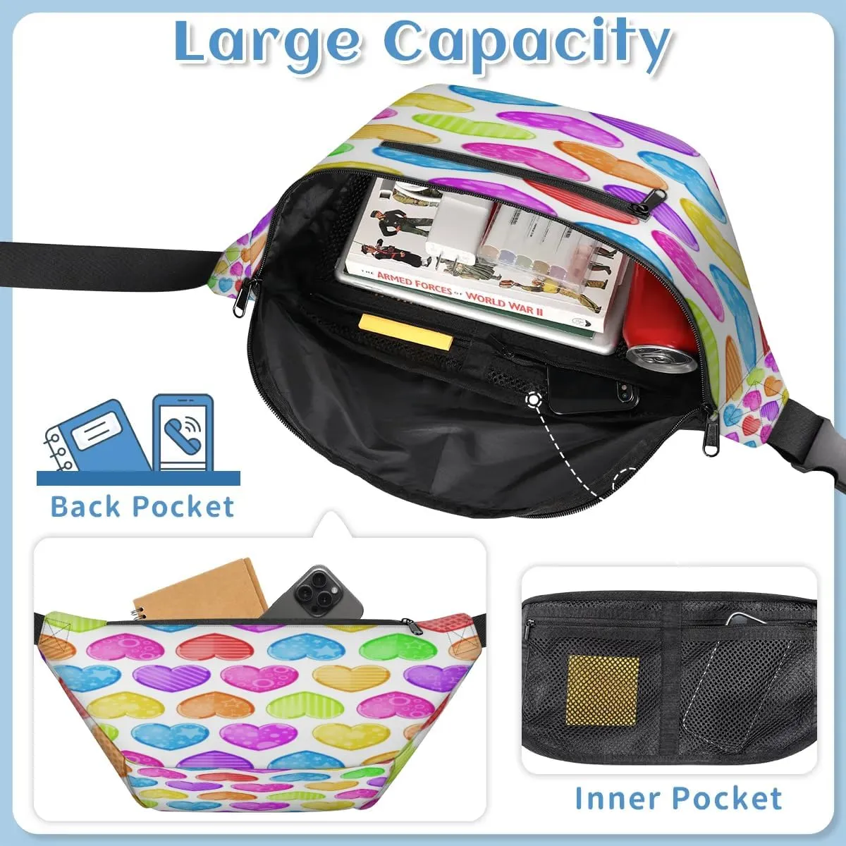 Hearts Crossbody Sling Bag for Women Men Crossbody Backpack with 4 Zipper Pockets Fanny Pack Shoulder Casual Daypack for Travel Running Hiking Cycling