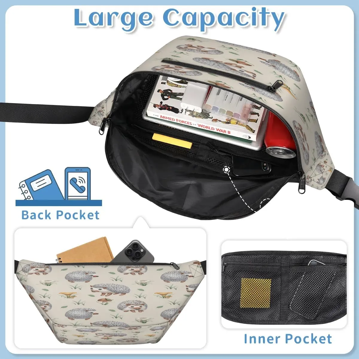 Hedgehogs Crossbody Sling Bag for Women Men Crossbody Backpack with 4 Zipper Pockets Fanny Pack Shoulder Casual Daypack for Travel Running Hiking Cycling