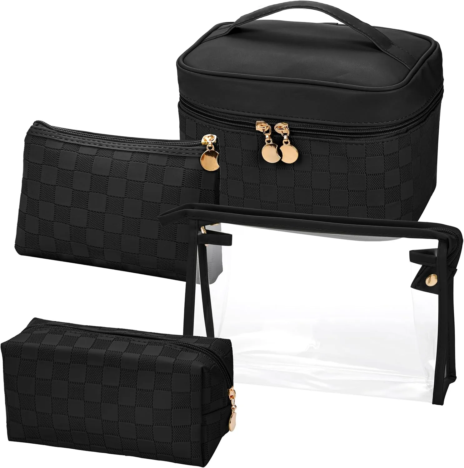 Hedume Set of 4 Makeup Bags, Black Leather Portable Travel Cosmetic Bag, Waterproof Cosmetic Bag Set, Multifunction Organizer Storage Bag for Makeup, Toiletries, Brushes and Accessories