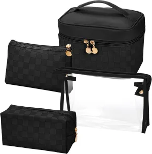Hedume Set of 4 Makeup Bags, Black Leather Portable Travel Cosmetic Bag, Waterproof Cosmetic Bag Set, Multifunction Organizer Storage Bag for Makeup, Toiletries, Brushes and Accessories