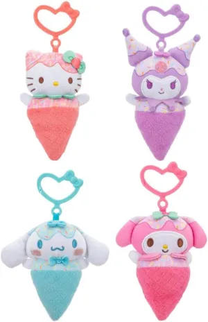 Hello Kitty and Friends 4-Pack Ice Cream Clip-On Plush Featuring Hello Kitty, Kuromi, My Melody, and Cinnamoroll with Unique Bow Clips