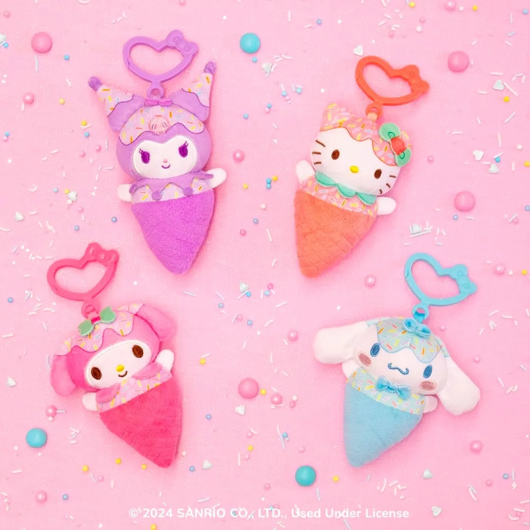 Hello Kitty and Friends 4-Pack Ice Cream Clip-On Plush Featuring Hello Kitty, Kuromi, My Melody, and Cinnamoroll with Unique Bow Clips