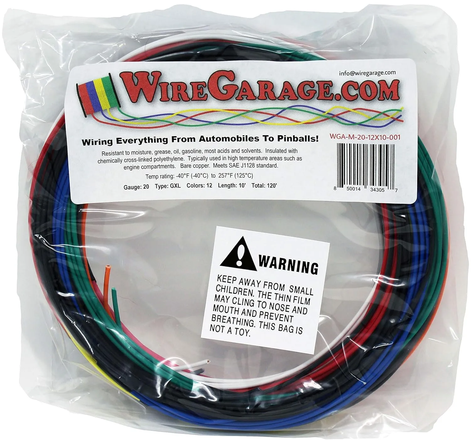 High Temp GXL Cross-Link XLPE Stranded Wire, 20 AWG, GA, Gauge, SAE J1128, Automotive, Motorcycle, Electrical, 10' Each of 12 Solid Colors (120' Total)