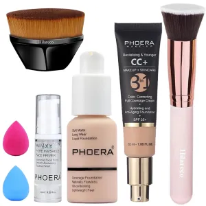 Hilareco PHOERA Foundation,PHOERA CC Cream Foundation Color Correcting Anti Aging Hydrating Serum &SPF 25 ,PHOERA Primer, PHOERA Makeup Foundation, Makeup Brushes (101 Porcelain 120 Nude CC Cream)
