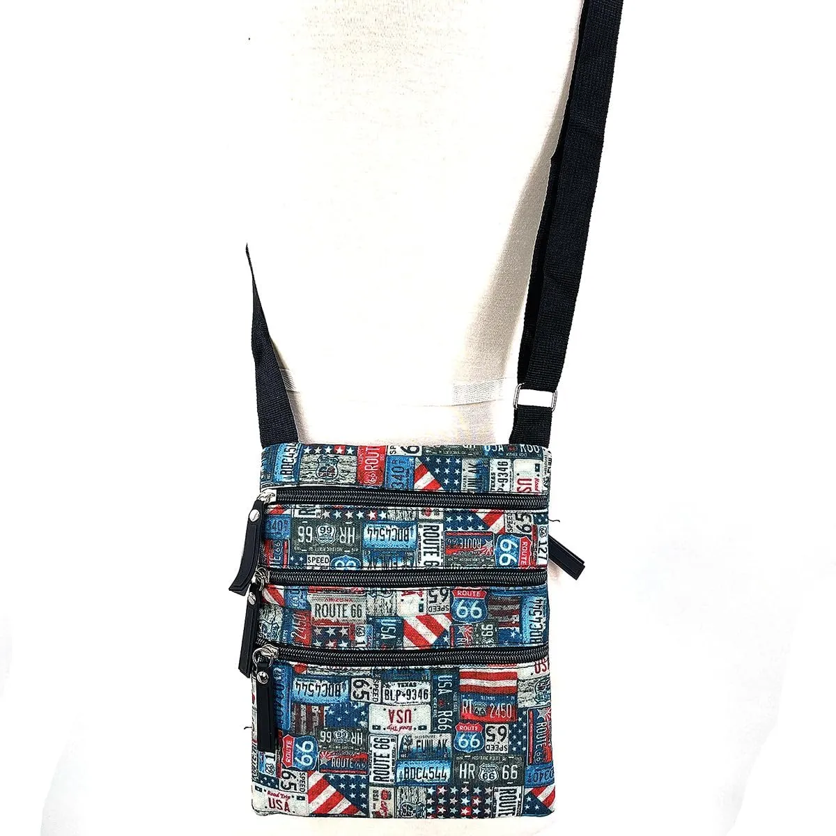 Historic Route 66 Signs Nylon Tri-Layer Crossbody Bag, Blue