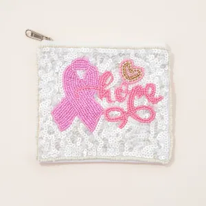 Hope Pink Ribbon Seed Bead Sequin Canvas Pouch