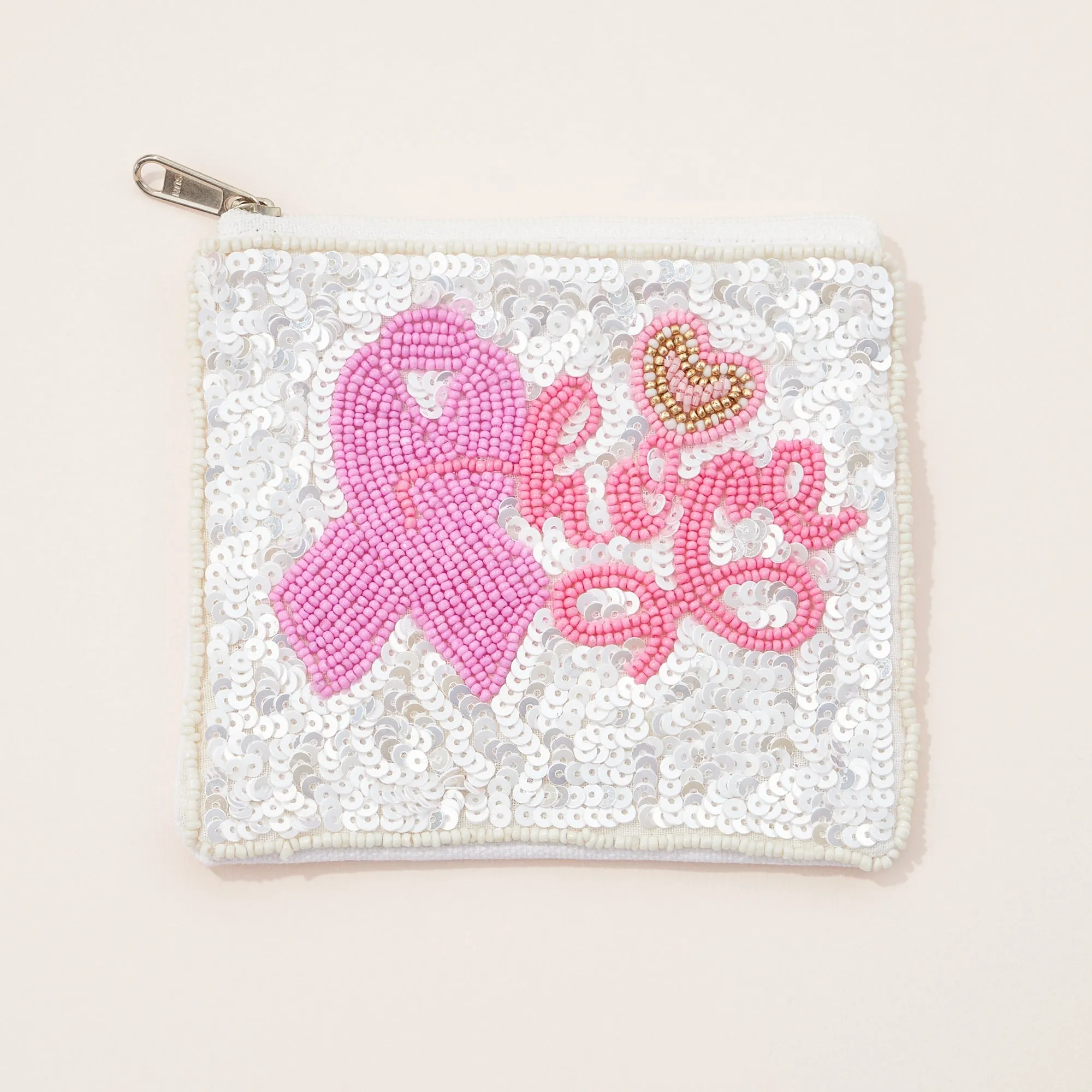 Hope Pink Ribbon Seed Bead Sequin Canvas Pouch